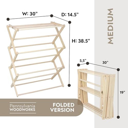 Pennsylvania Woodworks Premium American Maple Clothes Drying Rack - Handcrafted in Pennsylvania - Solid Wood Construction, Collapsible, Eco-Friendly Laundry Solution (Medium) - color: Medium | Flat Top