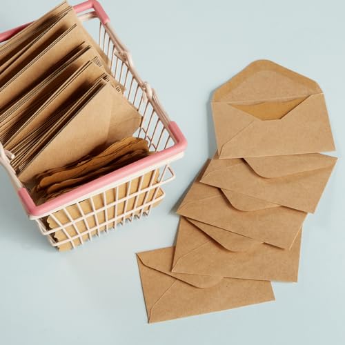 100 Pack Mini Envelopes with Blank Note Cards, Brown | 4 x 2.7 Inches, Self-Adhesive, Small Business Card Size - color: Brown