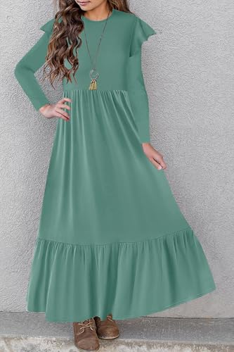 HOSIKA Girls Fall Ruffle Long Sleeve Crew Neck Loose Casual Flowy Tiered Maxi Dress with Pockets for 6-12 Y - color: Sage, size: 10 Years