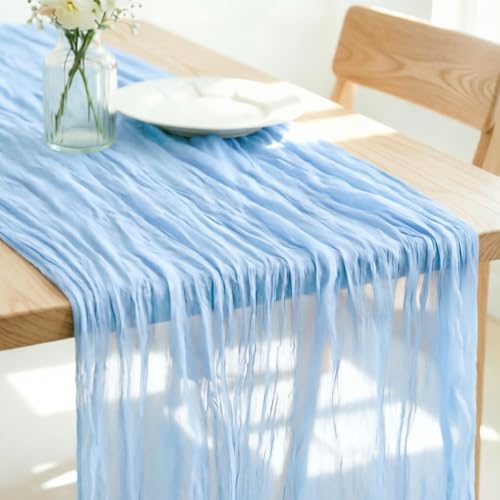 LINXTAR Light Blue Cheesecloth Table Runner 120 Inches 10Ft Gauze Summer Boho Table Runner for Wedding Tea Party Baby Shower Bridal Birthday Home Decoration - color: Baby Blue, size: 10ft