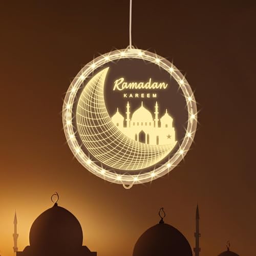 ALIBBON 3D Ramadan Kareem Lights Moon Castle LED Lights Eid Mubarak Window Lights Islamic Muslim Style Hanging Lights with Suction Cup Battery Operated Eid Lights Ramadan Decorations for Home - color: Style2