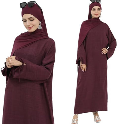 Women 1PC Abaya Dress Simple Kaftan Eid Dress for Women Muslim Casual Robe Fashion Jilbab Dubai Travel Outfits - color: Wine, size: Large