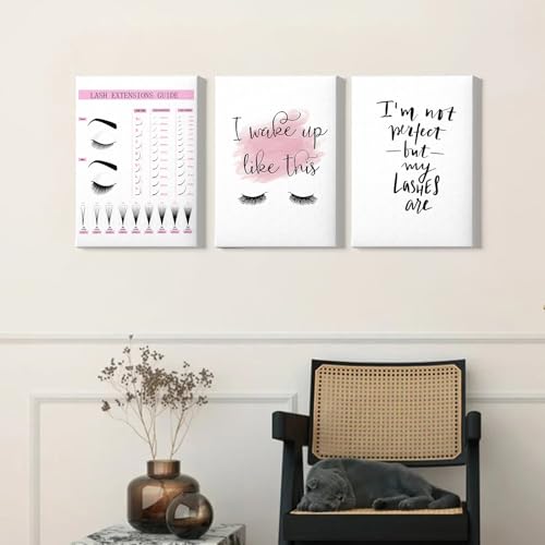 Makeup Wall Art Canvas Fashion Art Eyelash Pictures Eyelash Extension Guide Poster Beauty Salon Wall Art Pink Black and White Painting Lashes Picture for Bathroom Living Room 16x24inchx3 with Framed - color: Beauty Salon Wall Art Framed, size: 16"L x 24"W