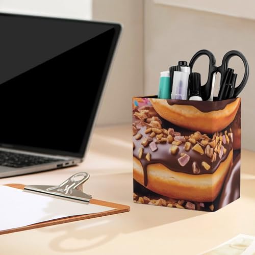 Pen Holder Leather Pencil Holder for Desk Donuts Chocolate Desktop Stationery Pen Cup Desk Accessories Holder Makeup Brush Storage Organizer for Work Home Art Supply 3.9" X 3.1" - color: Donuts Chocolate