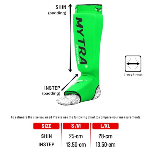 Mytra Fusion Shin Pads Instep Protector Kick Boxing Muay Thai Training Elasticated shin Guards - color: Green, size: Large-X-Large