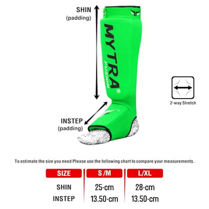 Mytra Fusion Shin Pads Instep Protector Kick Boxing Muay Thai Training Elasticated shin Guards - color: Green, size: Small-Medium