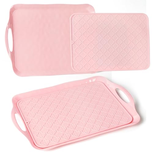 LEHAHA Large Non Slip Serving Tray with Handles, 17.25 x 12 Inch Melamine Serving Platter with Curved Sides, Dinner Tray for Lunch, Coffee, or Breakfast, 4pcs Set, Silicone placemats Included,Pink - color: Pink
