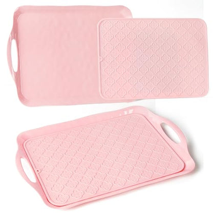 LEHAHA Large Non Slip Serving Tray with Handles, 17.25 x 12 Inch Melamine Serving Platter with Curved Sides, Dinner Tray for Lunch, Coffee, or Breakfast, 4pcs Set, Silicone placemats Included,Pink - color: Pink