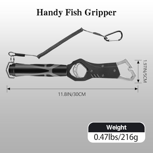 Eupheng 11.8'' Heavy-Duty Fish Gripper with Scale Rustproof Aluminum Body, Non-Slip Rubber Handle, Built-in Weight Estimator & Wrist Lanyard - color: Grey