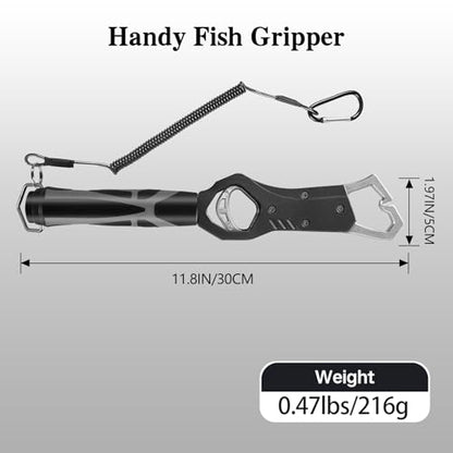 Eupheng 11.8'' Heavy-Duty Fish Gripper with Scale Rustproof Aluminum Body, Non-Slip Rubber Handle, Built-in Weight Estimator & Wrist Lanyard - color: Grey