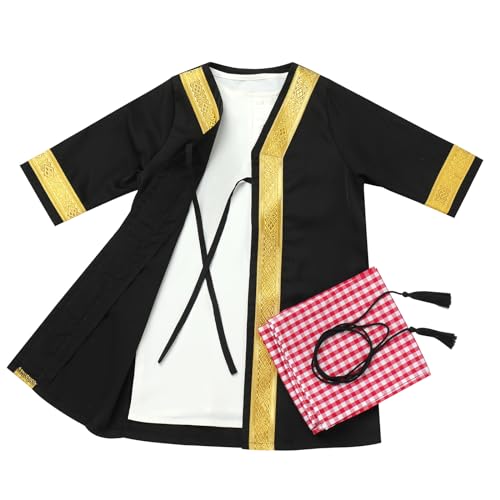 Muslim Clothes for Baby Boy Arabian Robe Plaid Turban Scarf Eid Ramadan Dubai Attire Infant Abaya Saudi Kaftan Kurta - color: Black (4pcs), size: 12-24 Months