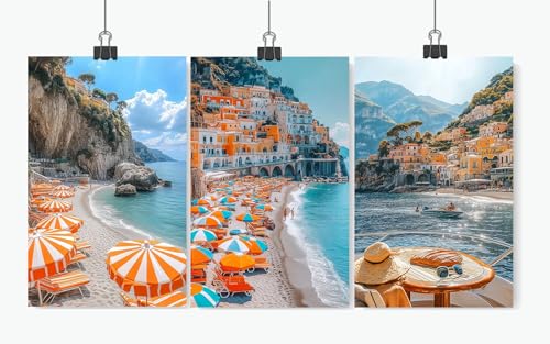 LANZHENZHENART 3Pcs Amalfi Coast Wall Art Italy Beach Picture Canvas Painting Prints For Home Dining Room Living Room Wall Decor Poster Artwork(12" x 18" x 3 Panels Unframed) - color: White 10, size: (12" x 18" x 3 Panels Unframed)