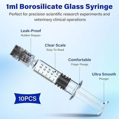 10 Pack 1ml Luer Lock Glass Syringe, Borosilicate Syringes for Liquids, Glue, Oils, Ink, Lab and Crafts Tools without Needle