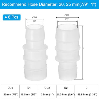 PATIKIL 7/9" to 1" 6 Pcs Plastic Hose Barb Fittings, Reducer Tube Fittings Pipe Adapter Union Splicer Joint Kit for Air Gas Water System Liquid Fuel Line Aquarium Tube Pump - size: 7/9"-1",(1.1"x2.32")