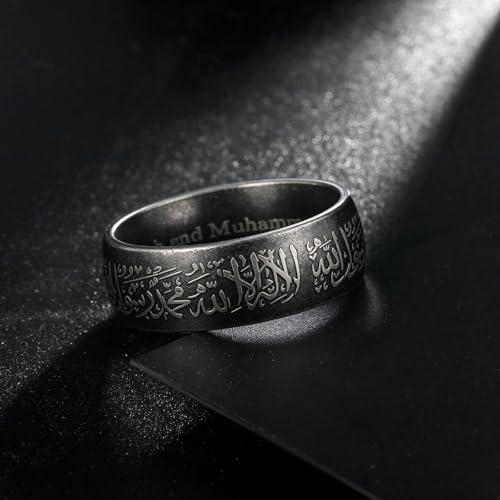 Hipunk Stainless Steel Islamic Muslim Shahada Ring - Mohammad Arabic Letter Rings Band Prayer Religious Calligraphy Ayatul Kursi Allah Rings Eid Ramadan for Men Women Size 9-12 - color: Retro black