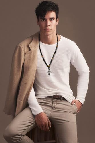 Ankh Cross Pendant Ancient Egyptian Hieroglyphic Symbol of Health and Eternal Life Men Cross Necklace with Tiger Eye Stone Obsidian Hematite Triple Protection Crystal Beads Chain - color: Black-Silver