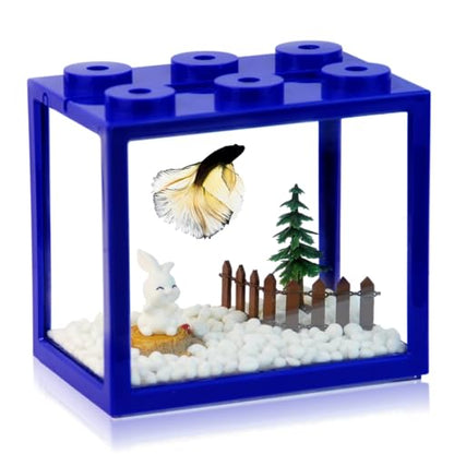 Small Betta Fish Tank, Stackable Mini Aquarium Tank Kit with Aquarium Gravel & Forest Micro Landscape, 0.6 Gallon Acrylic Cube Fish Bowl for Sea Monkeys Shrimp Snails (Blue) - color: Blue