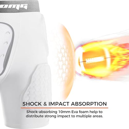 COOLOMG Youth Football Girdle 5 Pad Football Compression Shorts with Cup Pocket Integrated Hip Tailbone Thigh Pads - color: White, size: X-Small