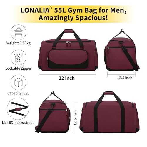 55L Large Sports Duffle Gym Bag for Men, Maroon | Heavy Duty, Multi Pockets, Roomy, 22 inch - color: Maroon