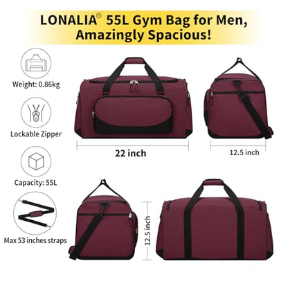 55L Large Sports Duffle Gym Bag for Men, Maroon | Heavy Duty, Multi Pockets, Roomy, 22 inch - color: Maroon