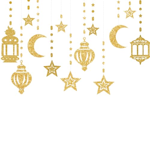 Eid Mubarak Star Moon Lantern Ramadan Garland Ramadan Decoration Hanging Ornaments Home Wall Ramadan Decor Hanging Streamer Backdrop Banner for Muslim Islam Festive Party Birthday Supplies - color: Gold
