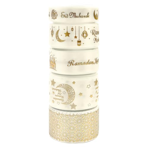 30Yards Combination Set Gold Eid Mubarak Printed Satin Ribbon Ramadan Mubarak Wrapping Ribbon for Muslim Al-Fitr Party Supplies Decoration (810Ivory-02)