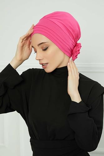 Aisha's Design Instant Turban Head Wraps for Women, Combed Cotton Scarf Lightweight Pre tied Hijab with Back Rose Detail - color: Fuchsia