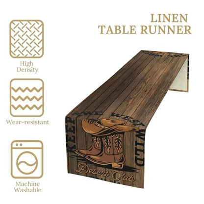 Rustic Western Table Runner, Wild West Cowboy Hat Boot Wooden Design Farmhouse Country Table Runner for Kitchen Dining Party, 13x36 Inch - color: Cowboy -9, size: W13"x L36"