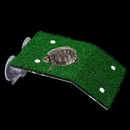 WEAVERBIRD Turtle Basking Platform with Turf, Tortoise Ramp Fish Tank Aquarium Platform, Tortoise Resting Terrace, Turtle Floating Dock with 2Pcs Suction Cups for Turtle, Reptile, Frog