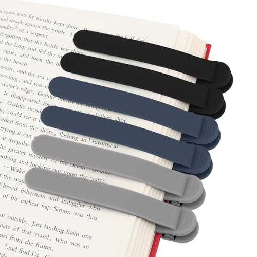 SMUK 6pcs Automatic Bookmark, Unique Silicone Bookmark Book Markers for Women Men Girls Reading Lovers Teachers, Book Clip Page Keeper Gifts for Book Lovers - color: 2 Black+2 Navy Blue+2 Light Gray