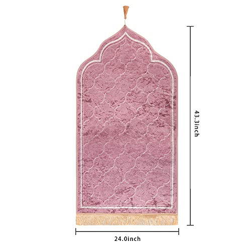 Simple Solid Muslim Prayer Rug Velvet Embossed Turkish Prayer Carpet Portable Islam Prayer Mat for Men Women Islamic Janamaz Great Ramadan Eid Gift Elegant Sajadah with Tassel Salat Rug 60x110cm - color: Pink