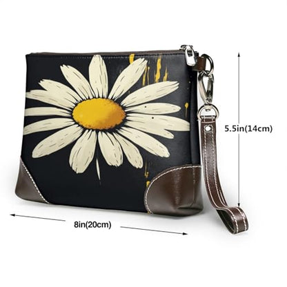 Leather Clutch Purse for Women, Large Capacity Wristlet Wallet with Removable Strap, Zip Handbag - color: Stylish Daisy