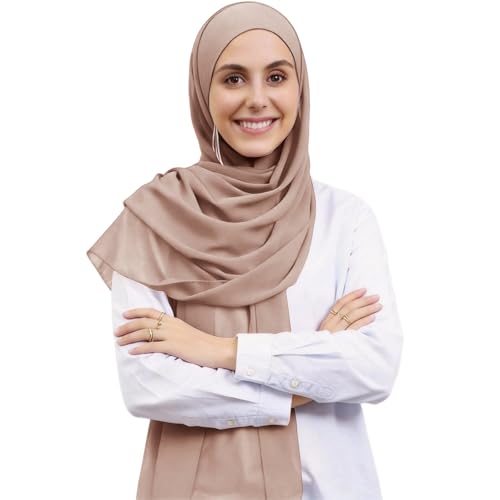 Instant Hijab Set 3-in-1 Chiffon Hijab Scarf for Women with Built-in Magnets and Undercap Head Wraps - color: Khaki