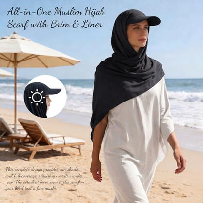 ZLYC Women Muslim Hijab Scarf with Visor Built-in Undercap Sun Protection Headwrap - color: Solid Black