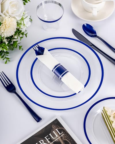 BESTVIP 175 Pcs Clear Blue Plastic Dinnerware Set for 25 Guests - color: Blue, size: 175