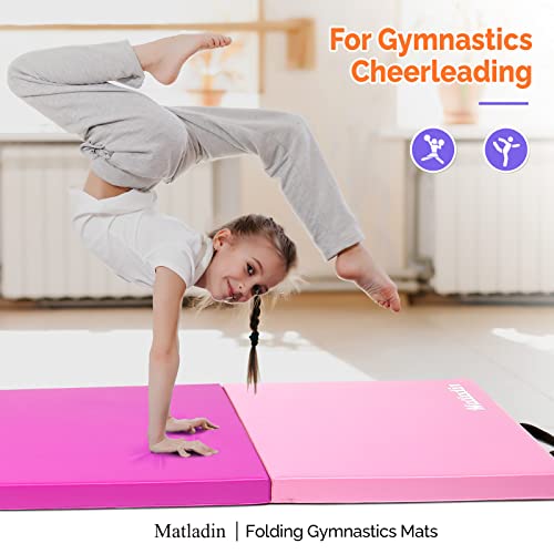 Matladin 8' Folding Gymnastics Gym Exercise Aerobics Mat, 8ft x 2ft x 2in PU Leather Tumbling Mats with Hook & Loop Fastener for Stretching Yoga Cheerleading Martial Arts - color: Purple&Pink