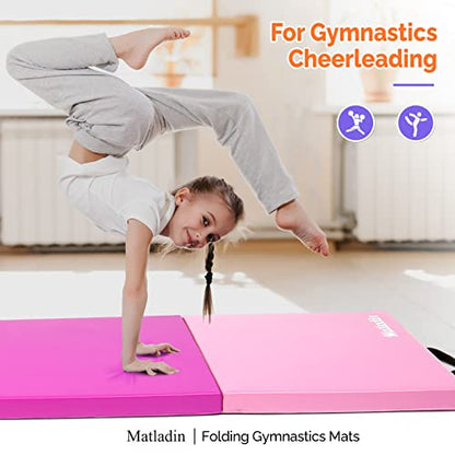 Matladin 8' Folding Gymnastics Gym Exercise Aerobics Mat, 8ft x 2ft x 2in PU Leather Tumbling Mats with Hook & Loop Fastener for Stretching Yoga Cheerleading Martial Arts - color: Purple&Pink
