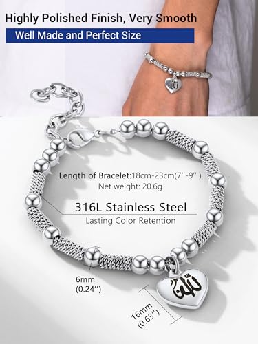 PROSTEEL Allah Bracelet, Muslim Islamic Jewelry Religious Islam Arabic God Charm Stainless Steel Beads Chain Bracelet, fits wrist from 5.9'' to 7.9'', Come with Box - color: 01 silver-allah heart