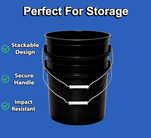 5-Gallon Bucket Only – No Lid Included, Made in USA, Food Grade BPA Free Plastic, Heavy Duty Multi-Use, Metal Handle with Grip, Stackable Storage – Black, 3 Pack - color: Black, size: 3