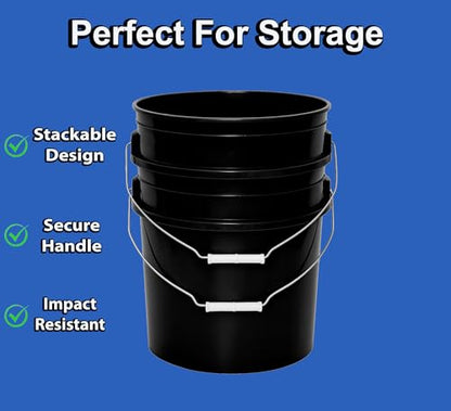 5-Gallon Bucket Only – No Lid Included, Made in USA, Food Grade BPA Free Plastic, Heavy Duty Multi-Use, Metal Handle with Grip, Stackable Storage – Black, 6 Pack - color: Black, size: 6