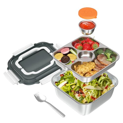 Salad Container for Lunch: 64oz Salad Bowl with Included Spork, 4-Section Bento Tray & Sauce Pot - color: White