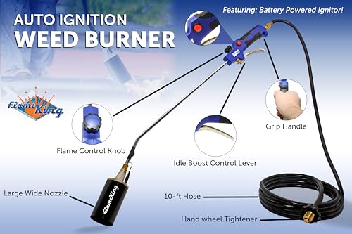 Flame King Propane Torch Kit Heavy Duty Weed Burner, 340,000 BTU with Battery Operated Igniter (Self Igniting), with 10-Ft Hose Regulator Assembly - size: NEW! 340K-Battery Operated Igniter