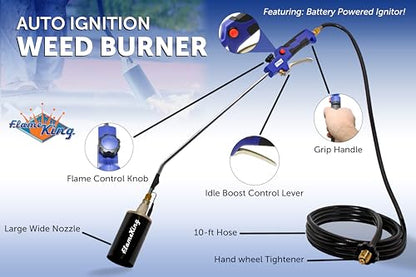 Flame King Propane Torch Kit Heavy Duty Weed Burner, 340,000 BTU with Battery Operated Igniter (Self Igniting), with 10-Ft Hose Regulator Assembly - size: NEW! 340K-Battery Operated Igniter