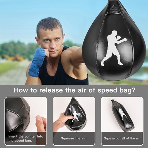 Benelabel Boxing Speed Bag with 360° Swivel Mount Premium Leather Boxing Speed Bag with Hanger and Inflator - Easy to Install and Use - Improve Your Speed and Reflexes - color: Black Speed Bag with Mount