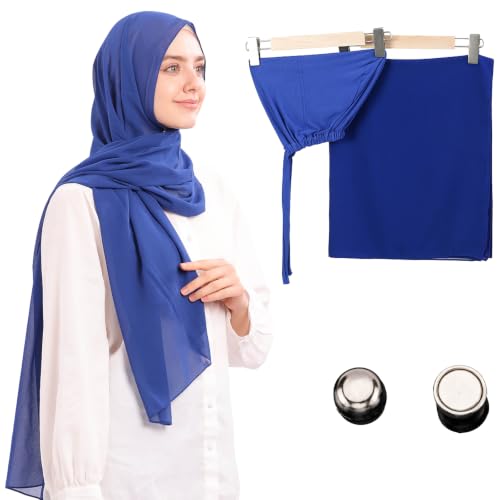 Jonglroy Muslim Chiffon Hijab magnets Head Scarf with Matching Tie Back Jersey Undercap - color: Blue