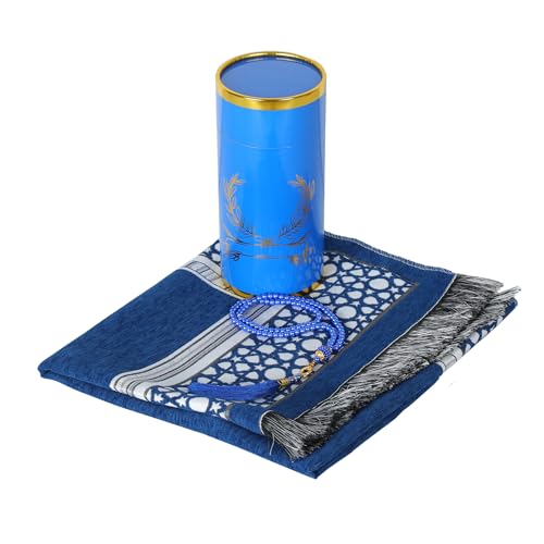 Muslim Prayer Rug Islamic Mat with Prayer Beads - Soft Chenille Janamaz Sajada Carpet Mat for Men Women - Ramadan Travel Eid Gifts (Blue with Box) - color: Blue
