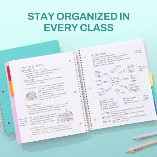 SUNEE 5 Subject Notebook College Ruled - 400 Pages, 9"x11", 5 Pocket Colored Dividers, 3-Hole Punched Paper, Teal - color: Teal, style: College Ruled