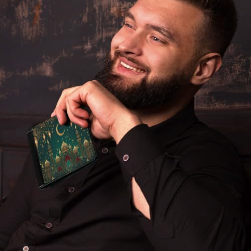 Green & Golden Islamic-Inspired Bifold Wallet 4.6x3.7 Inch,Slim Compact Folding Wallet with Card Slots And Cash Pocket Lightweight Wallet for Everyday Carry Travel Business - color: Green & Golden Islamic-Inspired