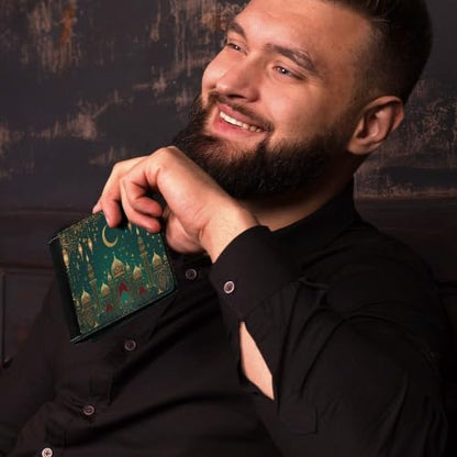 Green & Golden Islamic-Inspired Bifold Wallet 4.6x3.7 Inch,Slim Compact Folding Wallet with Card Slots And Cash Pocket Lightweight Wallet for Everyday Carry Travel Business - color: Green & Golden Islamic-Inspired