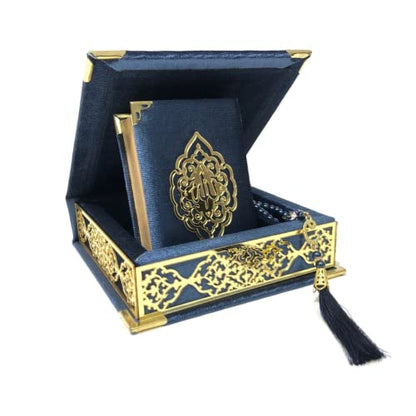 Velvet Covered Quran Tasbeeh Set - Holy Quran Prayer Beads, Wooden Gift Box, Islamic Wedding & Graduation Gift, Muslim Eid & Ramadan Favor (Navy Blue) - color: Navy Blue